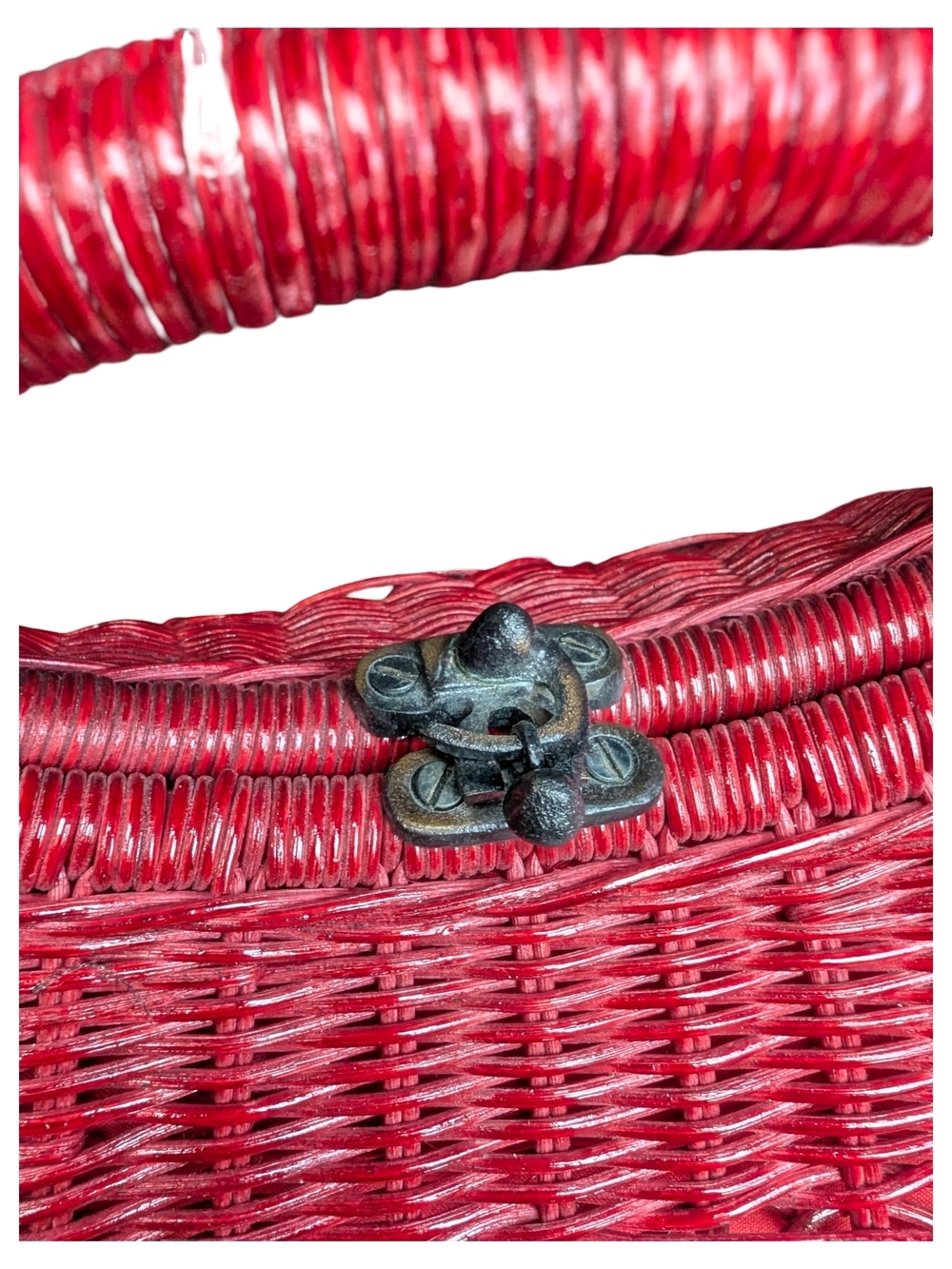 Vintage Red Wicker Purse Top Handle Handbag | Boho Western | Retro Statement Bag - Picture 3 of 7